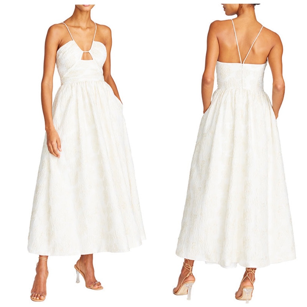 NWT MONIQUE LHUILLIER Spaghetti strap Metallic Jacquard Midi Dress - Ivory